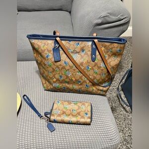 Coach Floral Signature Tote with Blue Trim and Brown Canvas